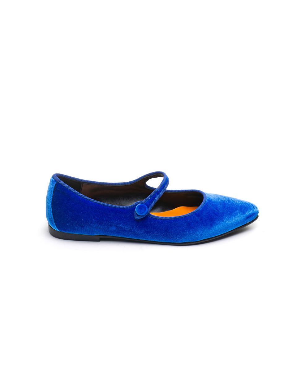 Royal blue velvet ballet flat with strap - Main Image